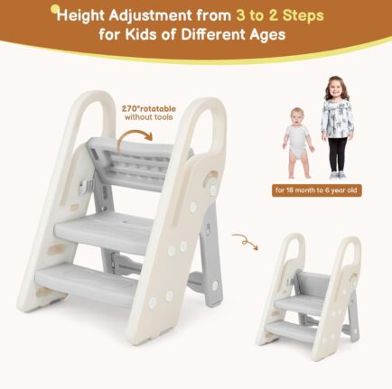 LIMITED TIME DEALS 24% OFF Onasti Foldable Step Stool for Bathroom Sink, Adjustable 3 Step Stool for Kids Toilet Potty Training Stool with Handles, Child Kitchen Counter Stool Helper, Plastic Ladder for Toddlers Grey - Image 6