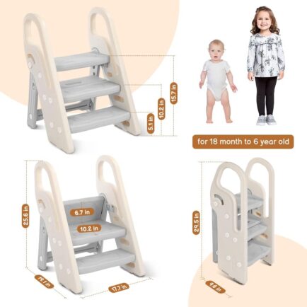 LIMITED TIME DEALS 24% OFF Onasti Foldable Step Stool for Bathroom Sink, Adjustable 3 Step Stool for Kids Toilet Potty Training Stool with Handles, Child Kitchen Counter Stool Helper, Plastic Ladder for Toddlers Grey - Image 2