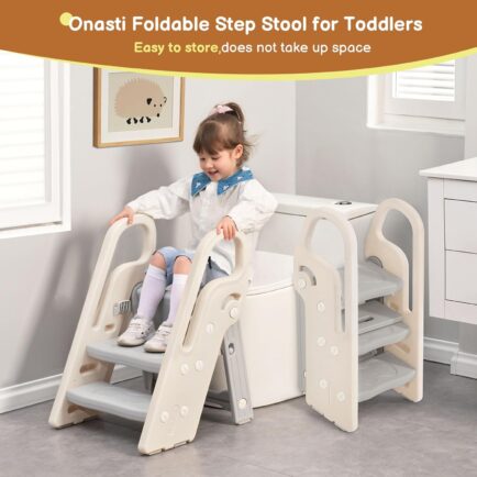 LIMITED TIME DEALS 24% OFF Onasti Foldable Step Stool for Bathroom Sink, Adjustable 3 Step Stool for Kids Toilet Potty Training Stool with Handles, Child Kitchen Counter Stool Helper, Plastic Ladder for Toddlers Grey - Image 5