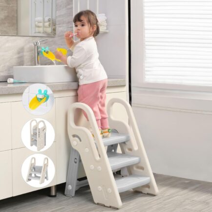 LIMITED TIME DEALS 24% OFF Onasti Foldable Step Stool for Bathroom Sink, Adjustable 3 Step Stool for Kids Toilet Potty Training Stool with Handles, Child Kitchen Counter Stool Helper, Plastic Ladder for Toddlers Grey