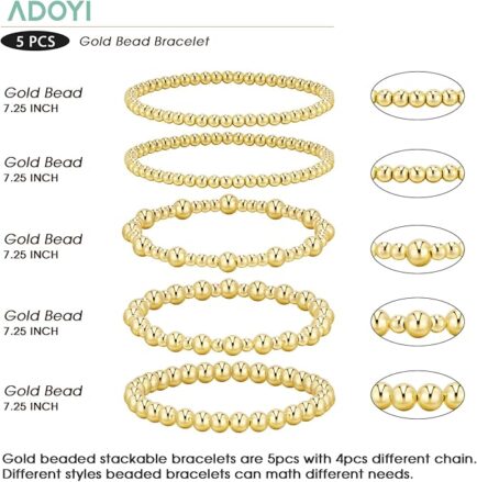 LIMITED TIME DEALS 12% OFF adoyi Gold Bracelets for Women, 14K Gold Plated Beaded Bracelets Gold Strand Bead Ball Bracelet stack Set Adjustable Bracelet Set Jewelry for Gifts - Image 3